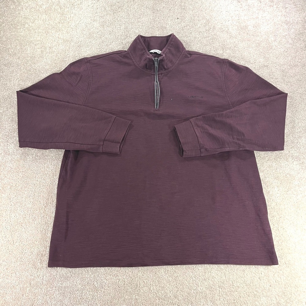 Calvin Klein Quarter Zip Pullover Mens XL Burgundy Slub Knit Mock Neck Sweater